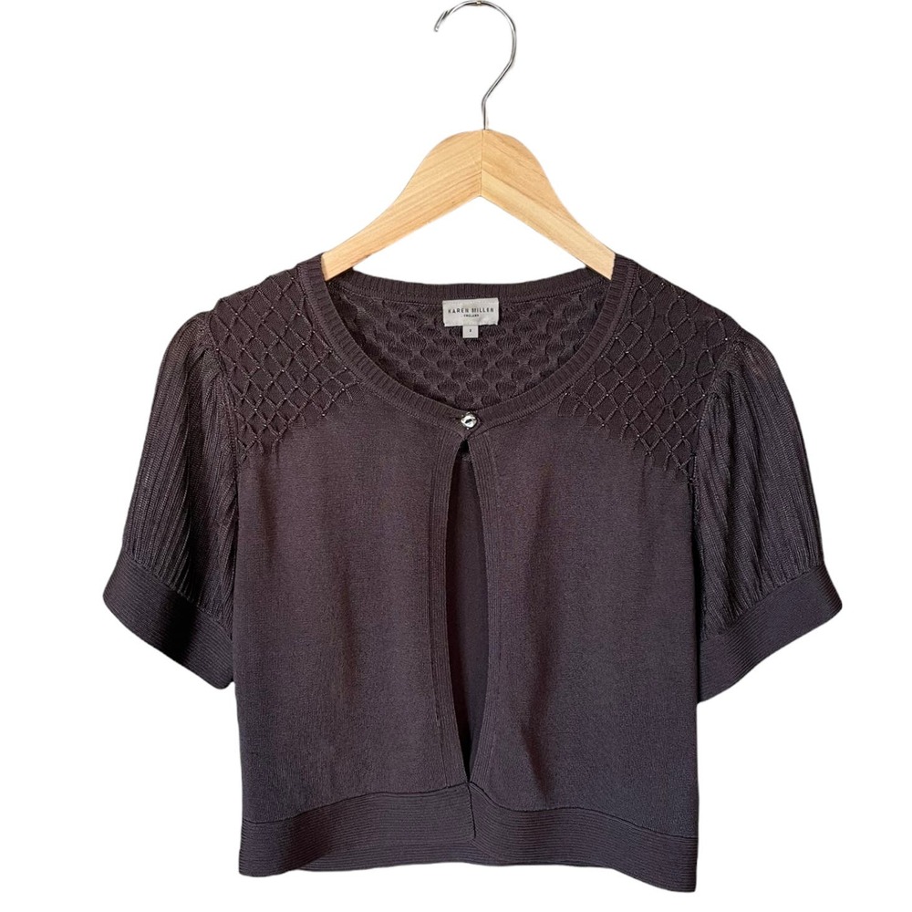 KAREN MILLEN Brown Cropped Cardigan Bolero Style Sweater Embellished UK 2 XXS